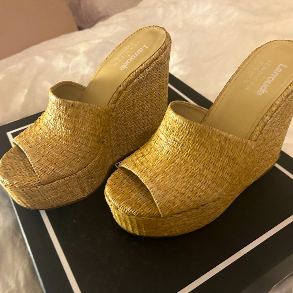Larroude Gold Woven Mules